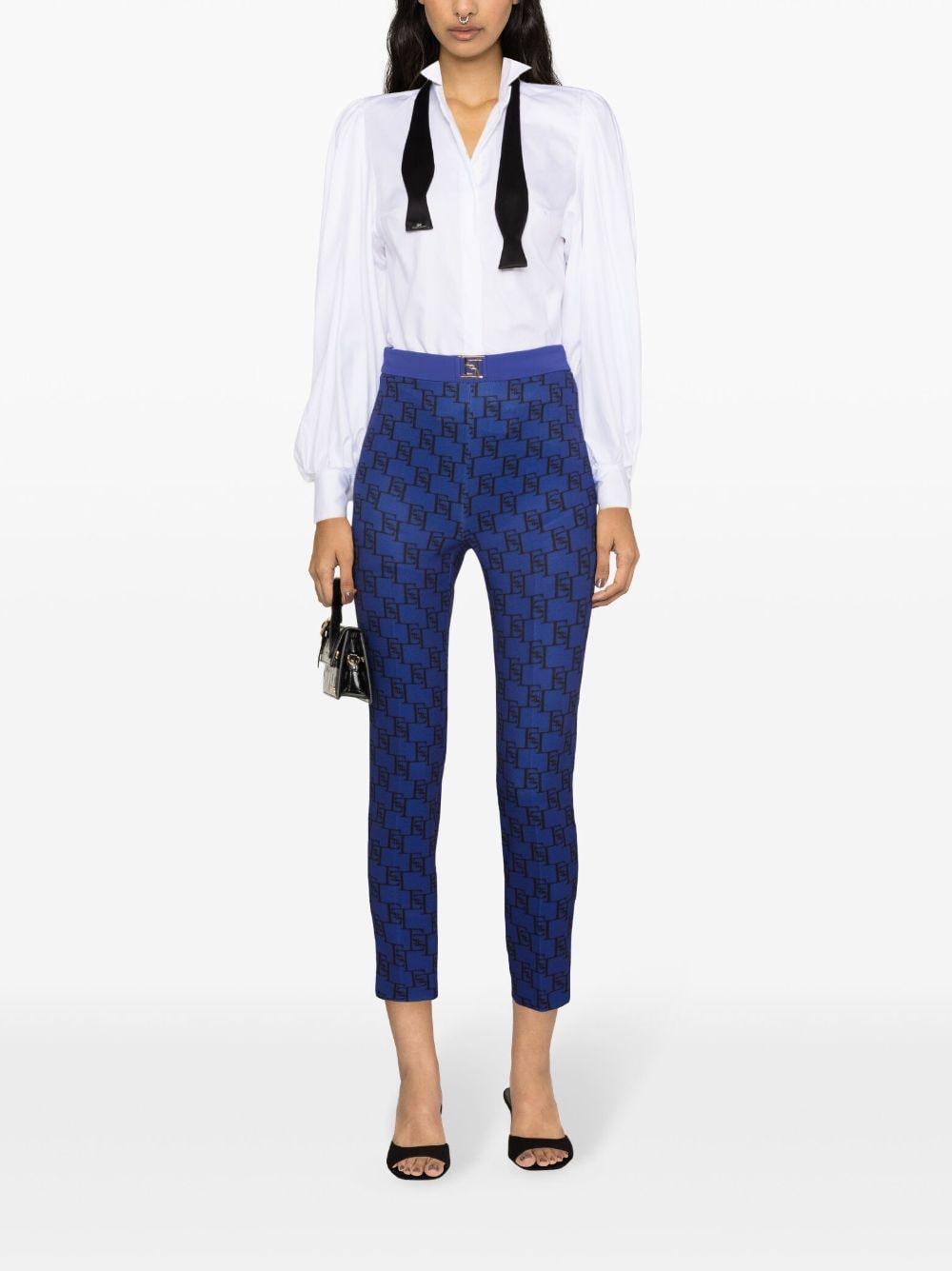 Elisabetta Franchi monogram-print crepe tapered trousers - Blauw