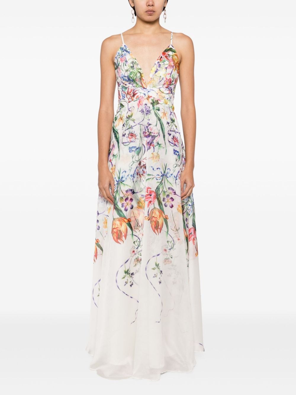 Marchesa Notte Ribbons floral-print gown - Wit