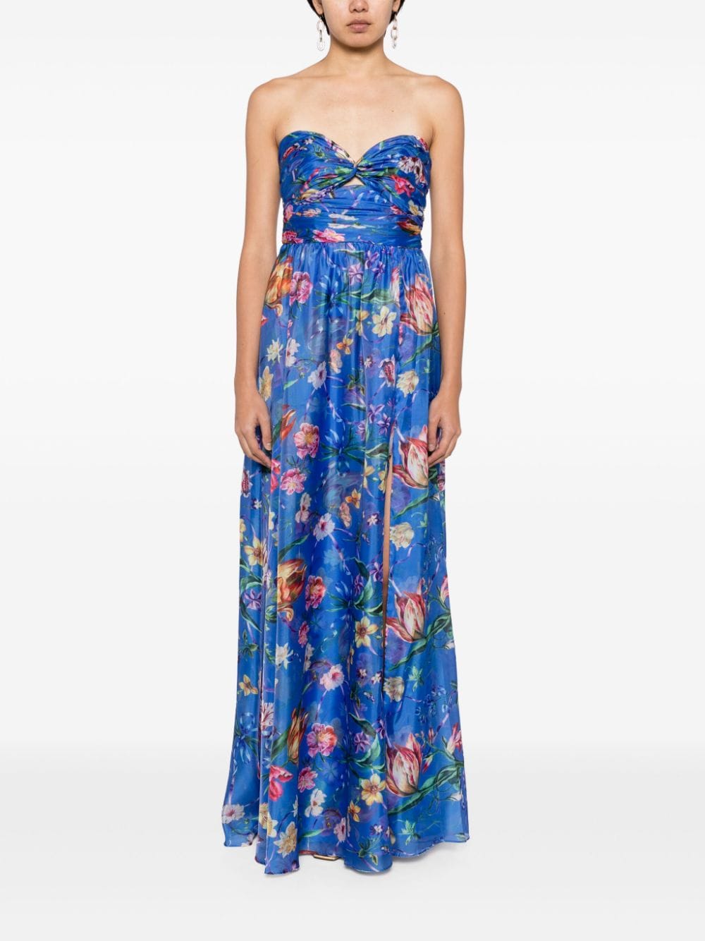 Marchesa Notte Ribbons floral-print cape gown - Blauw