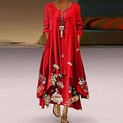 dames swingjurk maxi-jurk rood lange mouw print pocket print lente zomer ronde hals casual vintage 