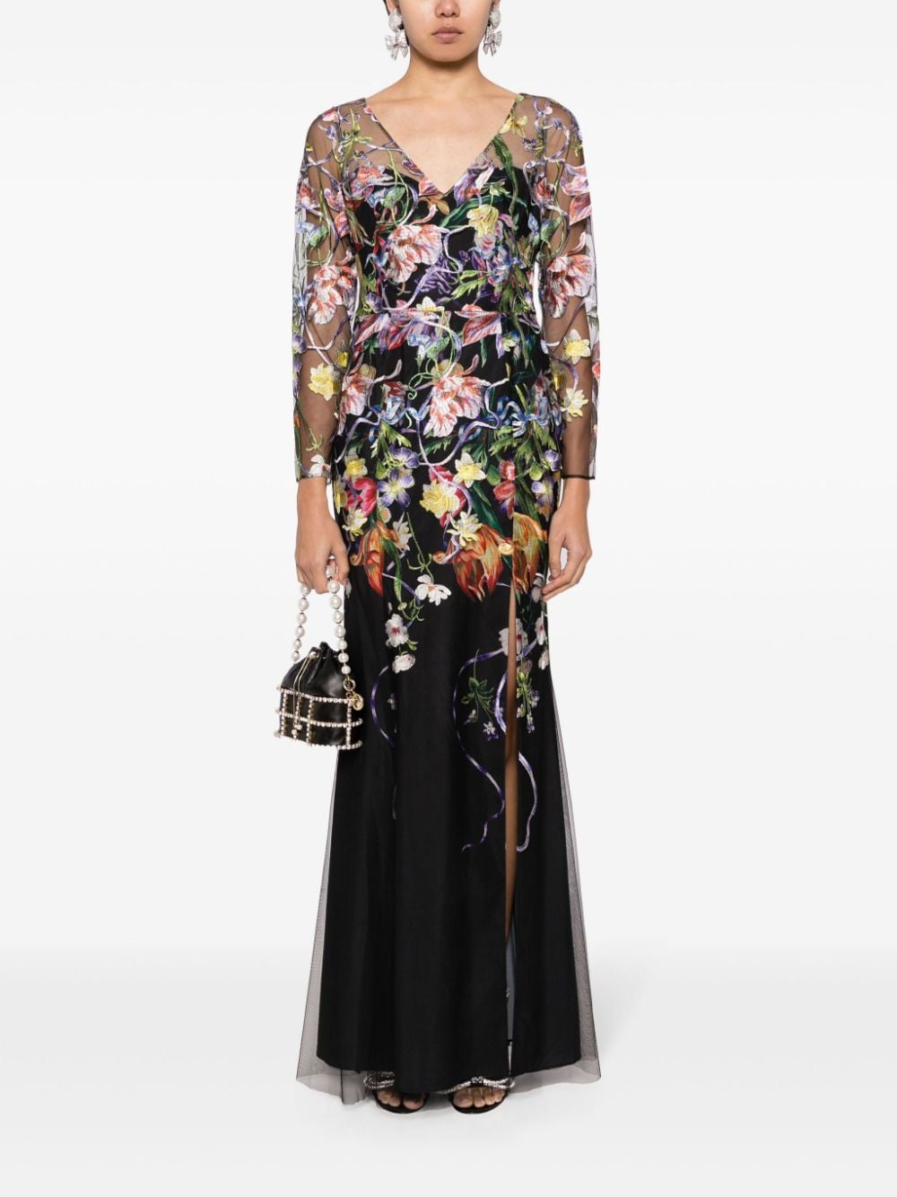 Marchesa Notte Ribbons floral-embroidered gown - BLACK MULTI