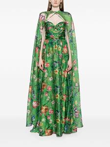 Marchesa Notte Ribbons avondjurk met bloemenprint en cape - Groen