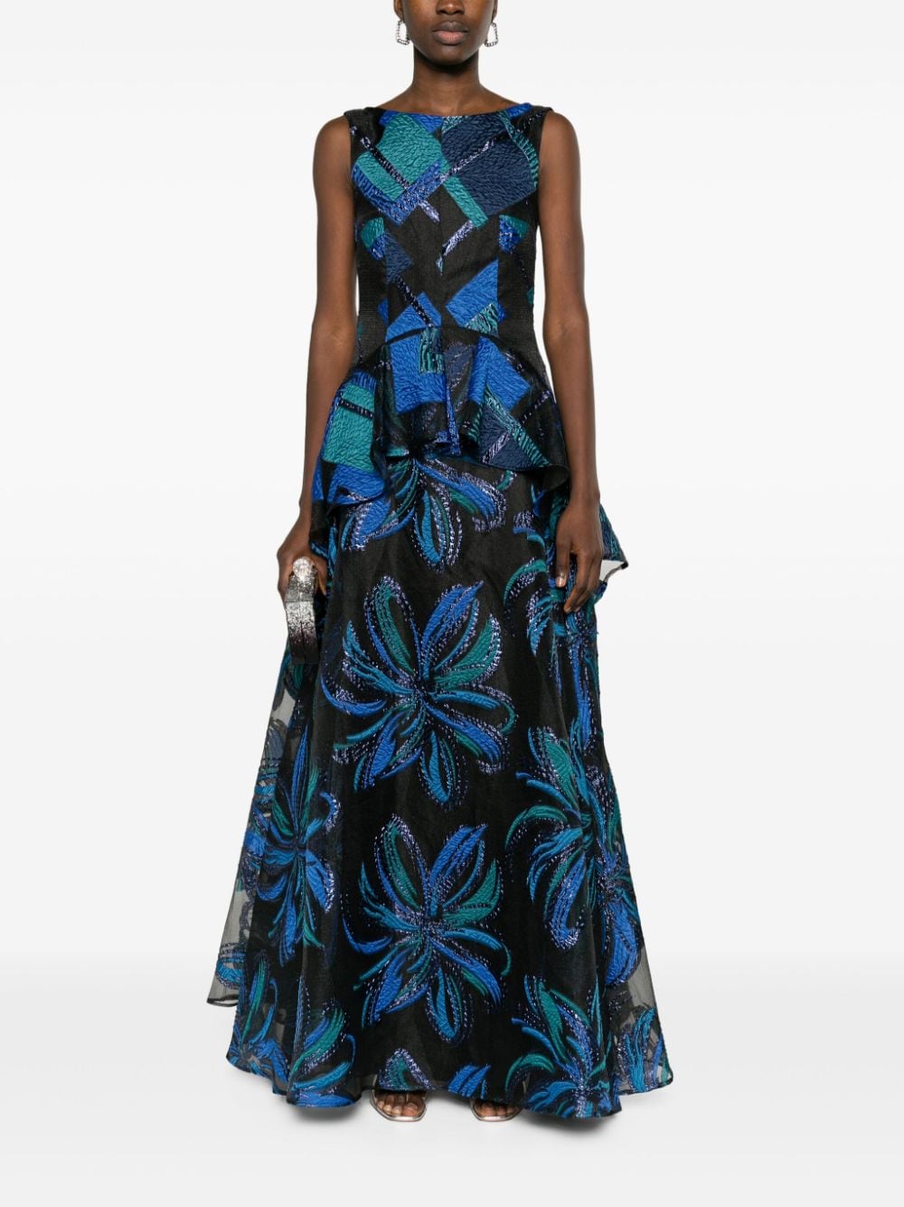 Talbot Runhof Maxi-jurk met glanzende afwerking en patchwork - Blauw