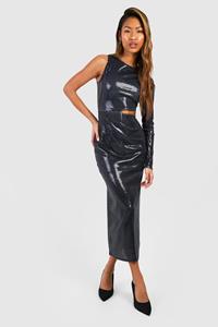 Boohoo Midaxi Jurk Met Pailletten, Hoge Hals En Eén Mouw, Black