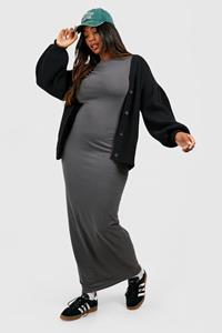 Boohoo Plus Katoenen Maxi Jurk Met Lage Ronde Hals, Charcoal