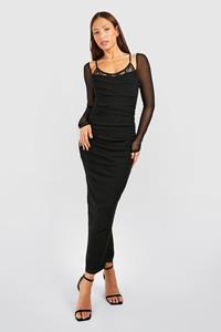 Boohoo Tall Mesh Lace Trim Detail Midaxi Dress, Black