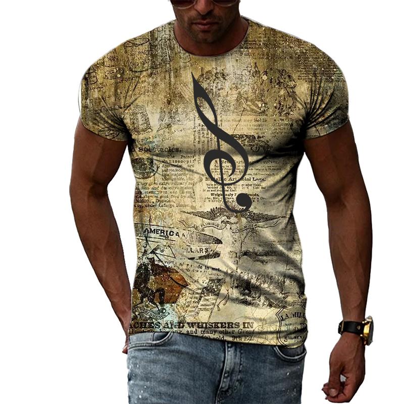 ETST WENDY 05 Zomer Mode Persoonlijkheid Muzieknoot grafische t-shirts Trendly Mannen Retro Street Style 3D Gedrukt T-shirts met ronde hals en korte mouwen