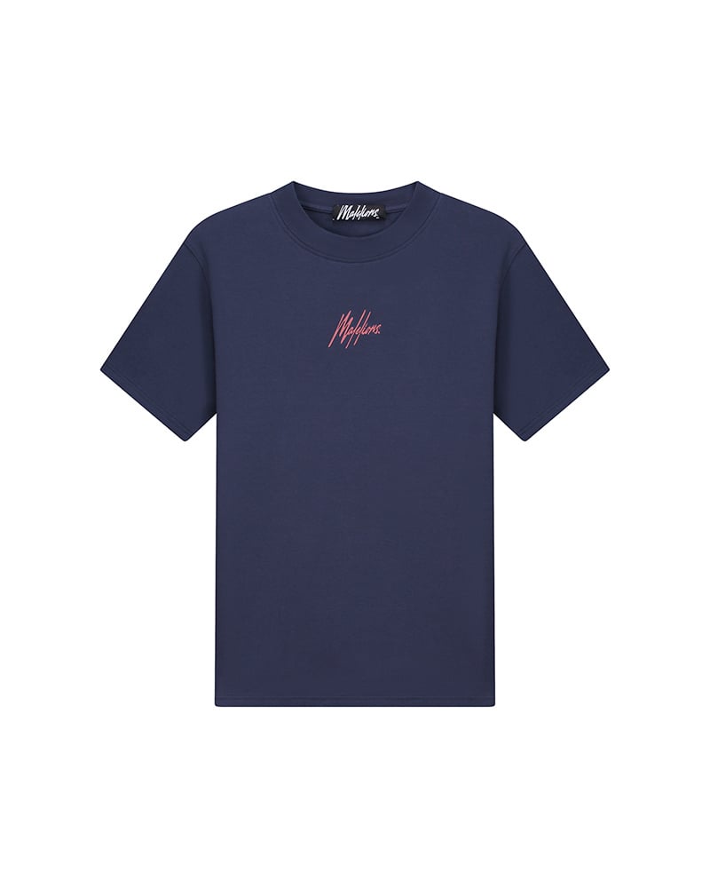 Malelions Men Striped Signature T-Shirt - Navy/Coral