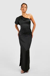Boohoo Satin Puff Sleeve Asymmetric Maxi Dress, Black