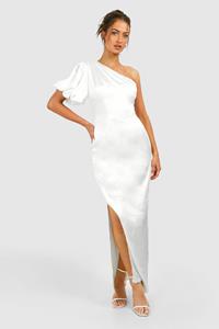 Boohoo Satin Puff Sleeve Asymmetric Maxi Dress, White