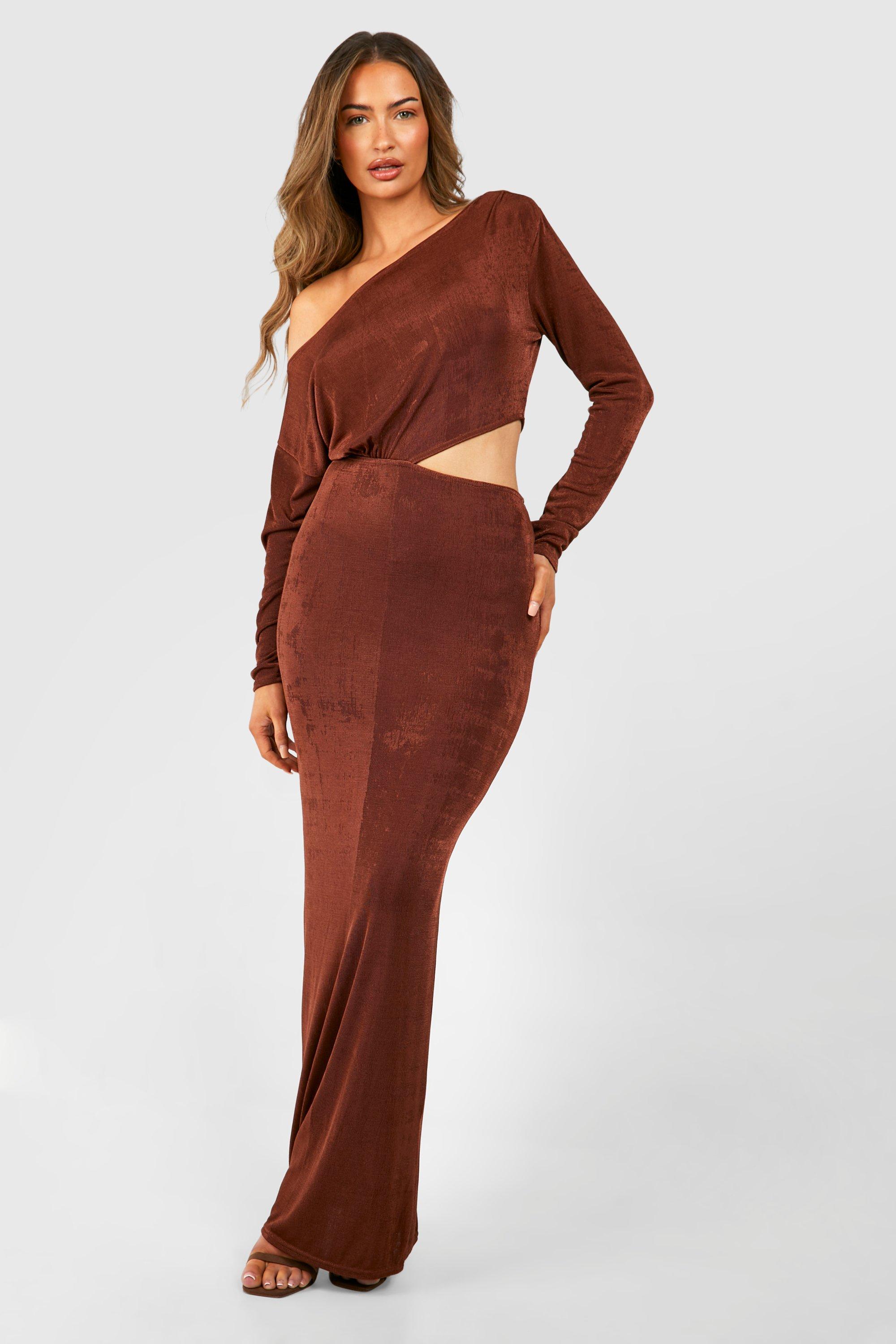 Boohoo Slash Neck Ruched Acetate Slinky Cut Out Maxi Dress, Chocolate