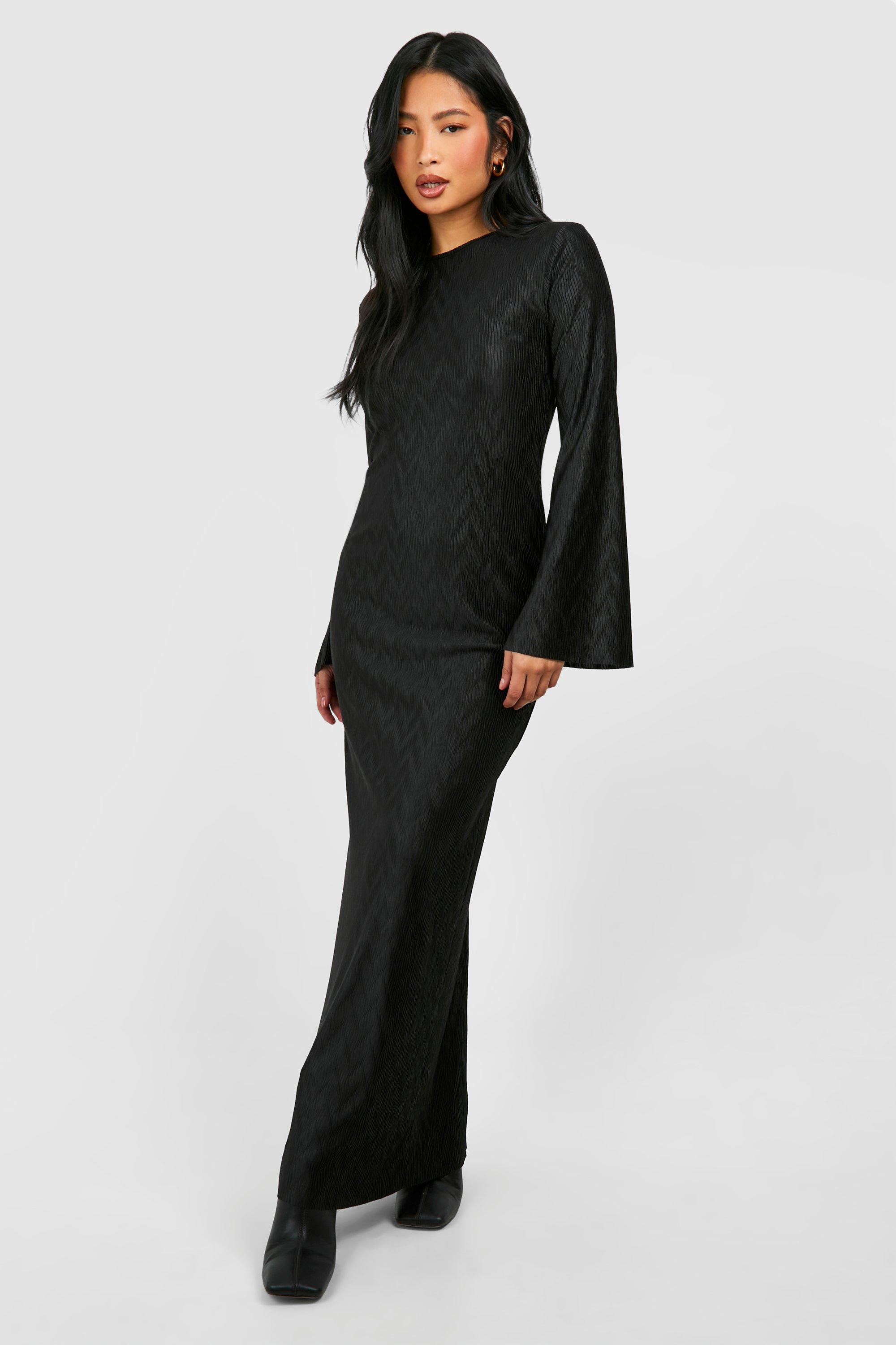 Boohoo Petite Textured Plisse Flare Sleeve Maxi Dress, Black