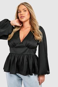 Boohoo Plus Satin Plunge Peplum Hem Top, Black