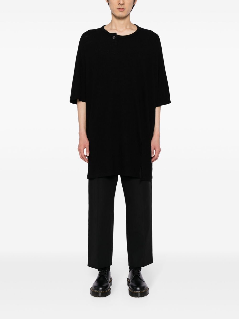 Yohji Yamamoto T-shirt met verfraaide knoop van vlasblend - Zwart