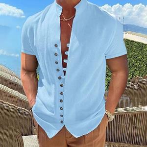 HerSight Summer Men's Cotton Linen Tops Vintage Button Up Stand Neck Short Sleeve Shirt Men White Black