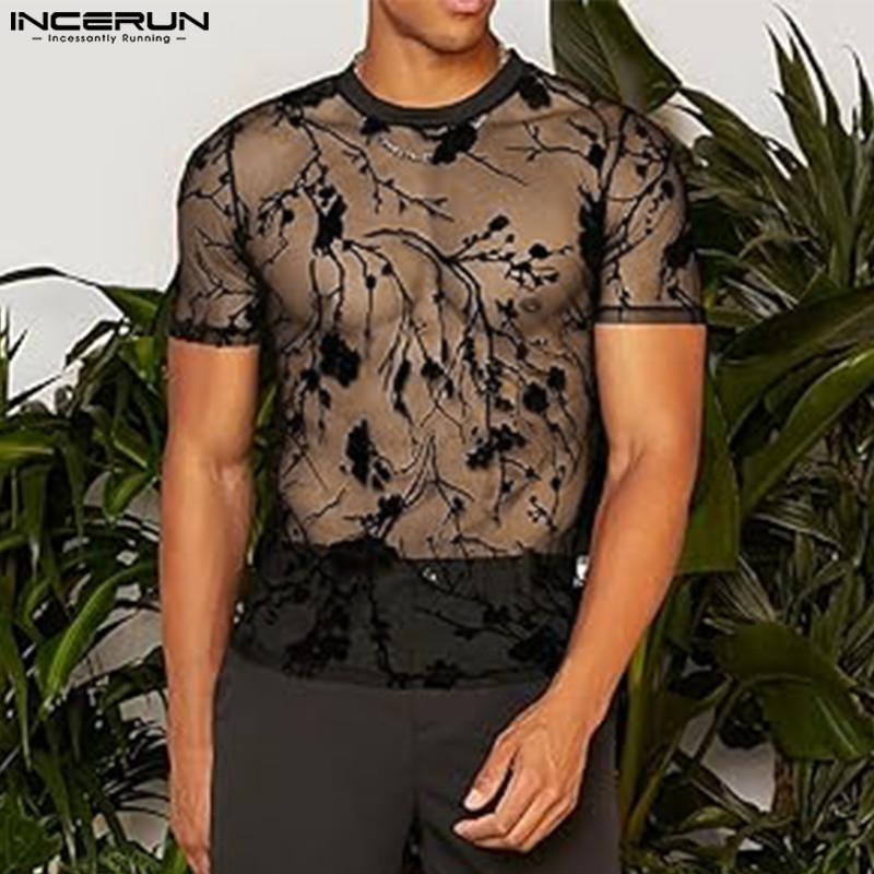 INCERUN Men Short Sleeve See Through Clubwear Lace Sheer Tops