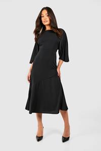 Boohoo Petite Asymmetric Angel Sleeve Satin Maxi Dress, Black