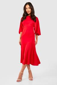 Boohoo Petite Asymmetric Angel Sleeve Satin Maxi Dress, Red