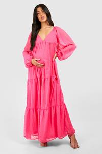 Boohoo Maternity V Neck Tiered Dobby Maxi Dress, Pink