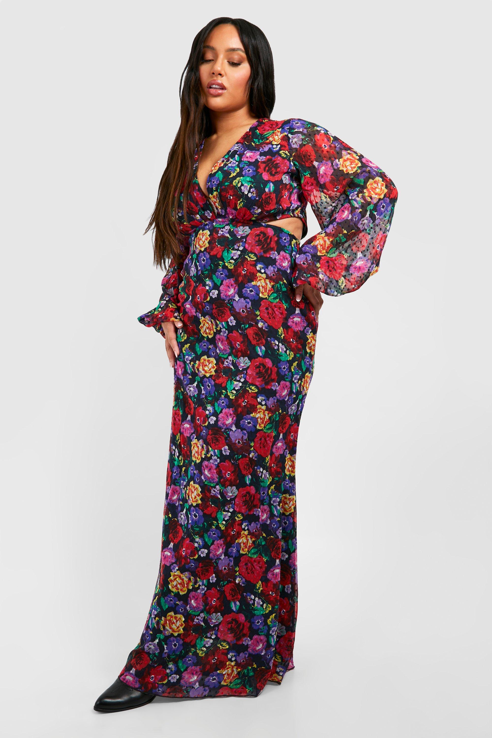 Boohoo Plus Floral Print Dobby Mesh Cut Out Maxi Dress, Multi