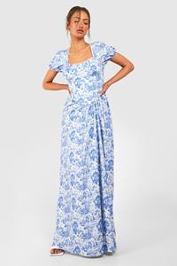 Boohoo Porcelain Puff Sleeve Maxi Milkmaid Dress, Blue