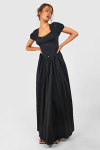 Boohoo Cotton Puff Sleeve Maxi Milkmaid Dress, Black