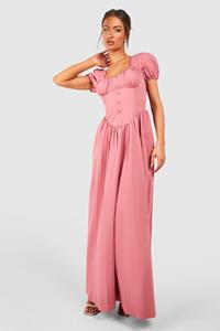 Boohoo Cotton Puff Sleeve Maxi Milkmaid Dress, Rose
