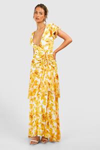 Boohoo Floral Print Ruched Detail Maxi Dress, Yellow