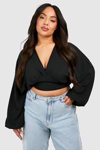 Boohoo Plus Hammered Plunge Batwing Top, Black