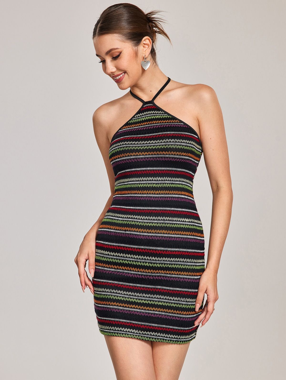 Zaful Halter Open Back Colorful Stripes Knit Dress