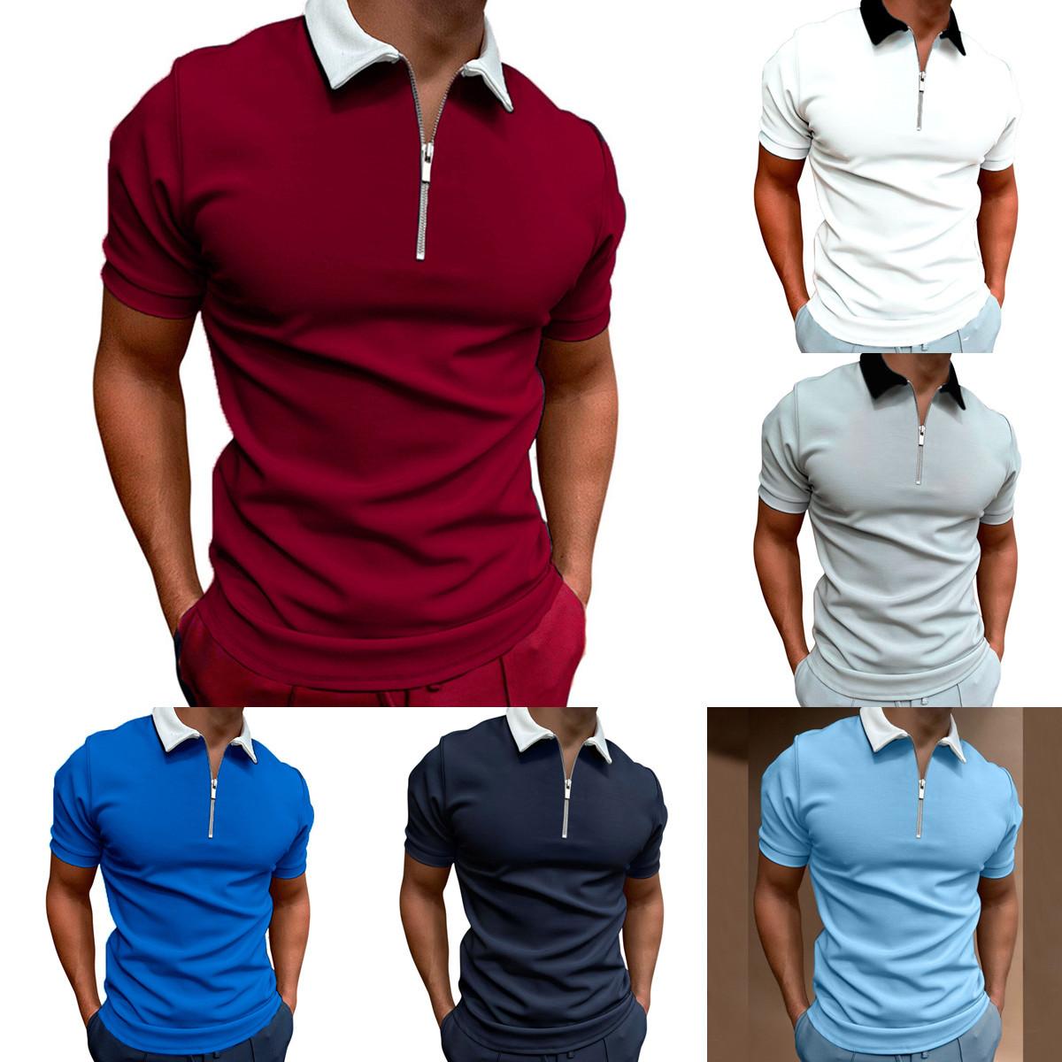 HerSight Summer Men Polo Shirts Short Sleeve Tops Patchwork Zip T Shirt Plus Size Mens Clothing Black White Red Blue