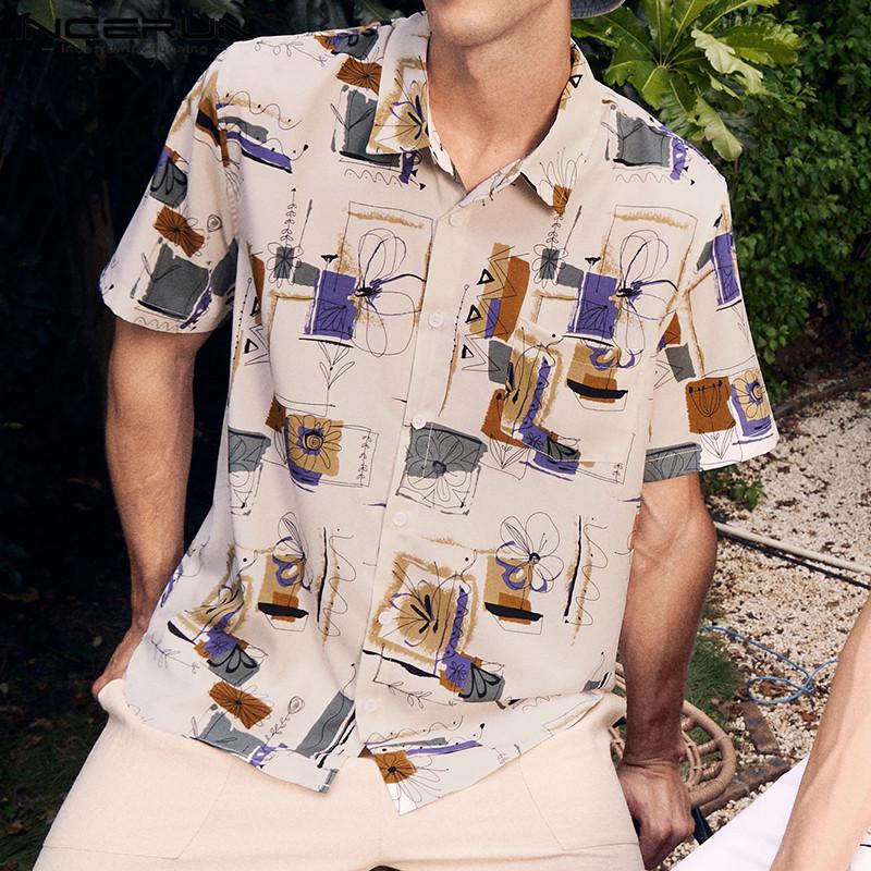 INCERUN Summer Men Retro Printed Lapel Collar Short Sleeve Holiday T-Shirts Tops