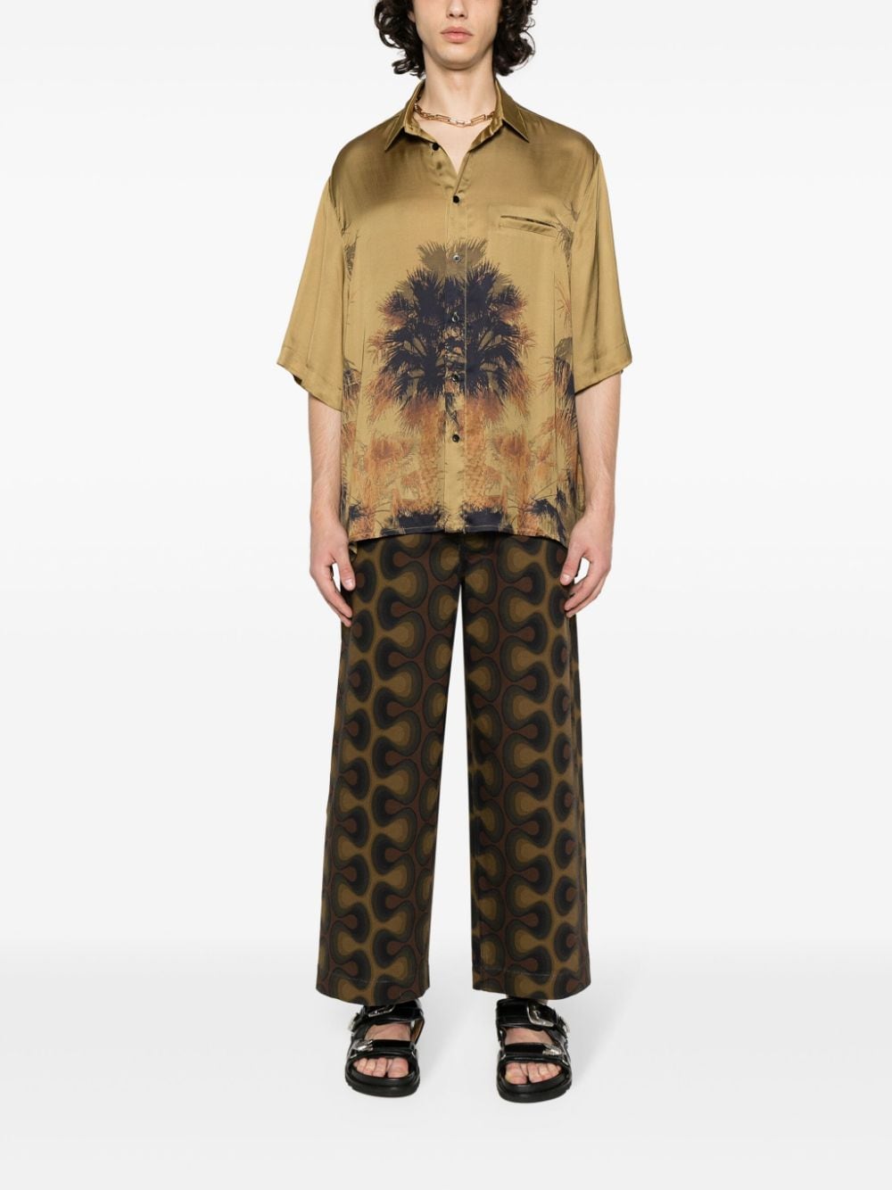 Laneus palm tree-print satin shirt - Groen