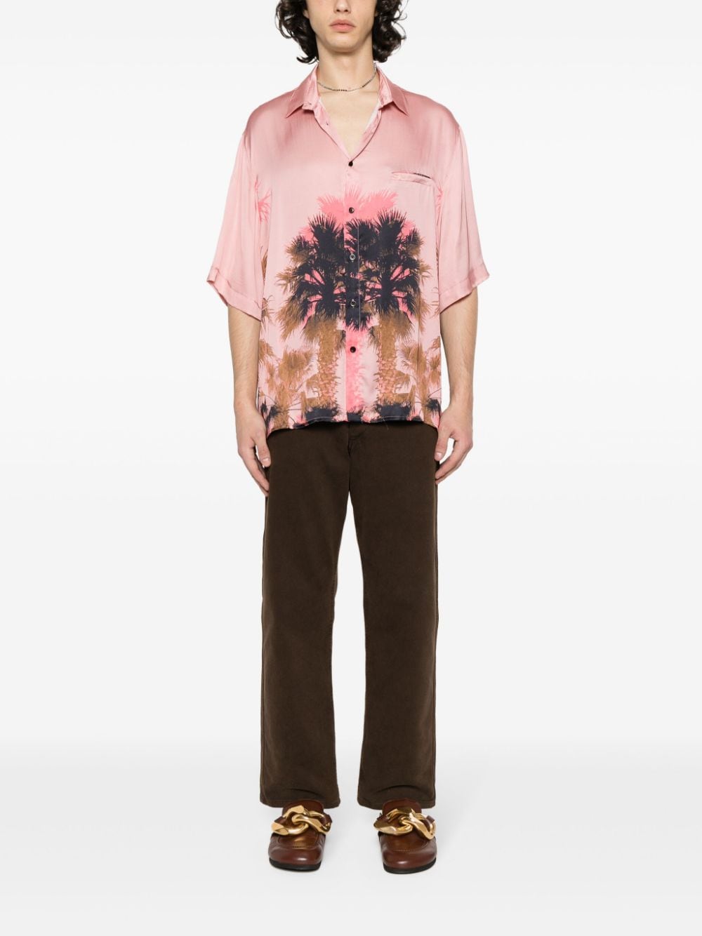 Laneus palm tree-print satin shirt - Roze