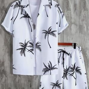 Nihao Men Random Palm Tree Print Shirt & Drawstring Waist Shorts Without Tee