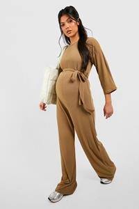 Boohoo Zwangerschap Zachte Geribbelde Jumpsuit Met Ceintuur, Moss