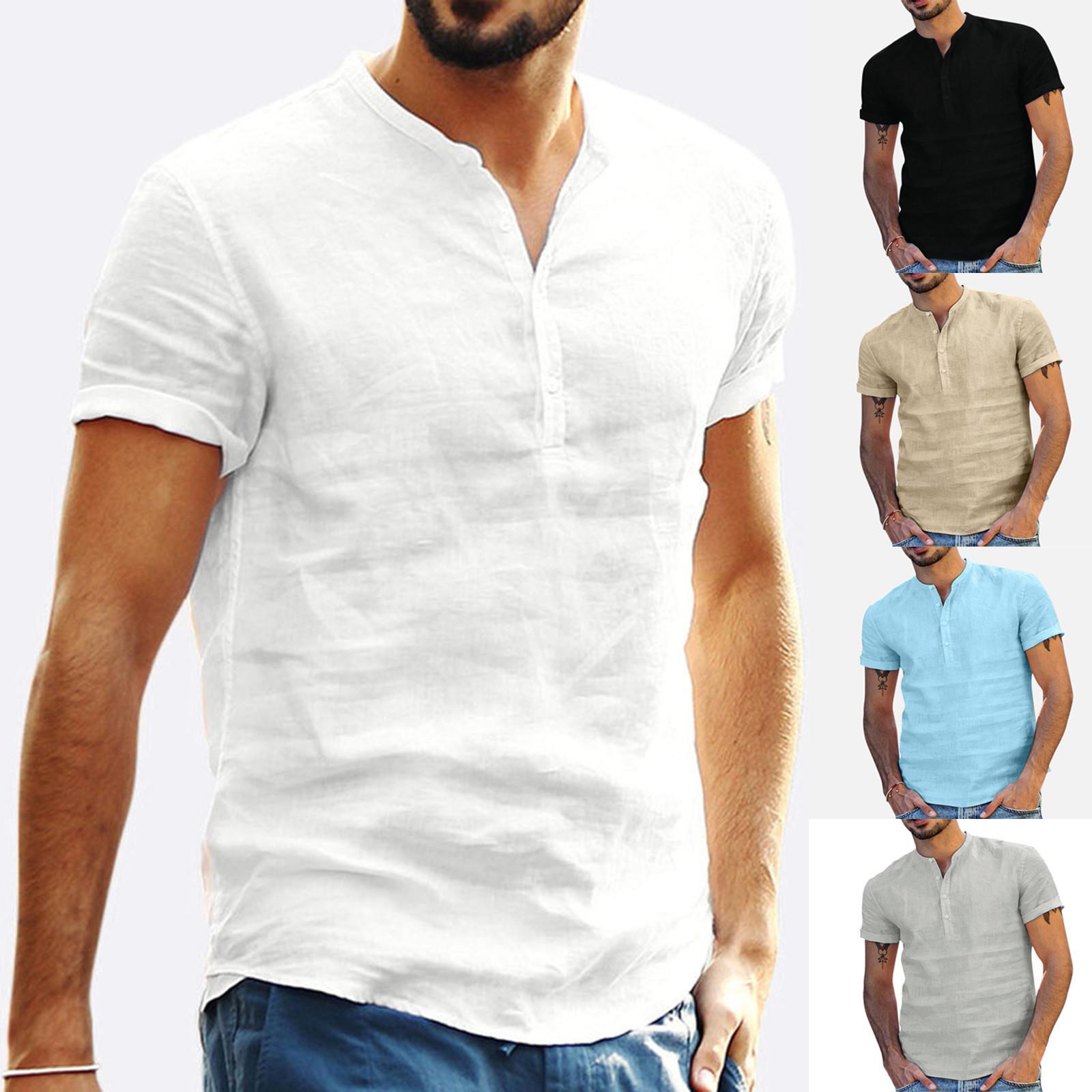 Newstar Baggy katoen en linnen heren T-shirts met korte mouwen, V-hals en tops, blouse