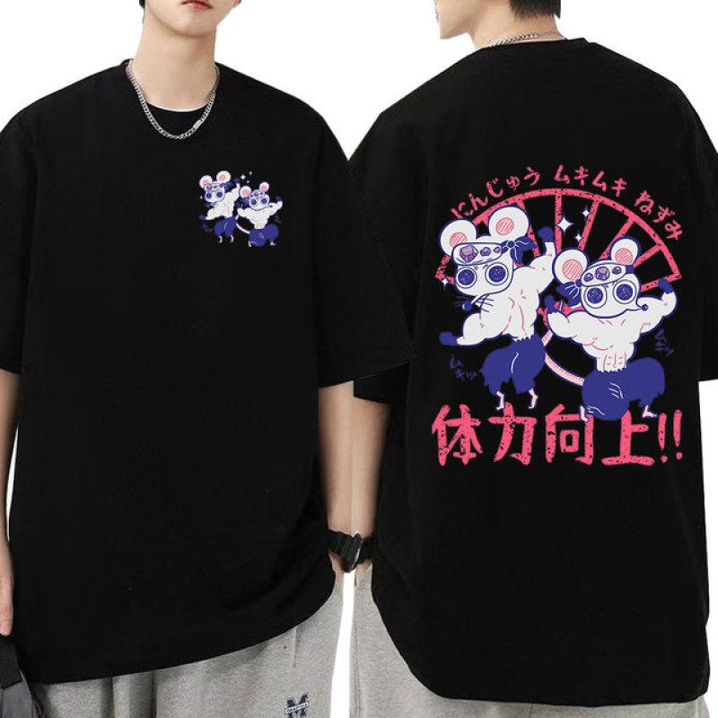 TENJINGE Trendy Anime Demon Slayer Uzui Tengen Mice Muki T-shirts Ninja Gespierde Muis Gym Grafisch T-shirt Heren Vrouwen Casual Katoen T-shirt
