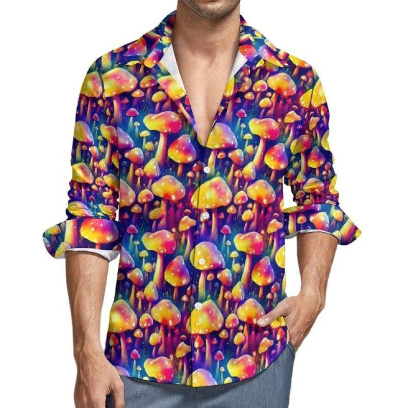 YuTong Fashion Magic Mushroom Street Casual Shirt Heren Kleurrijke Paddestoelen Shirt Lente Retro Blouses Lange Mouw Aangepaste Oversize Kleding