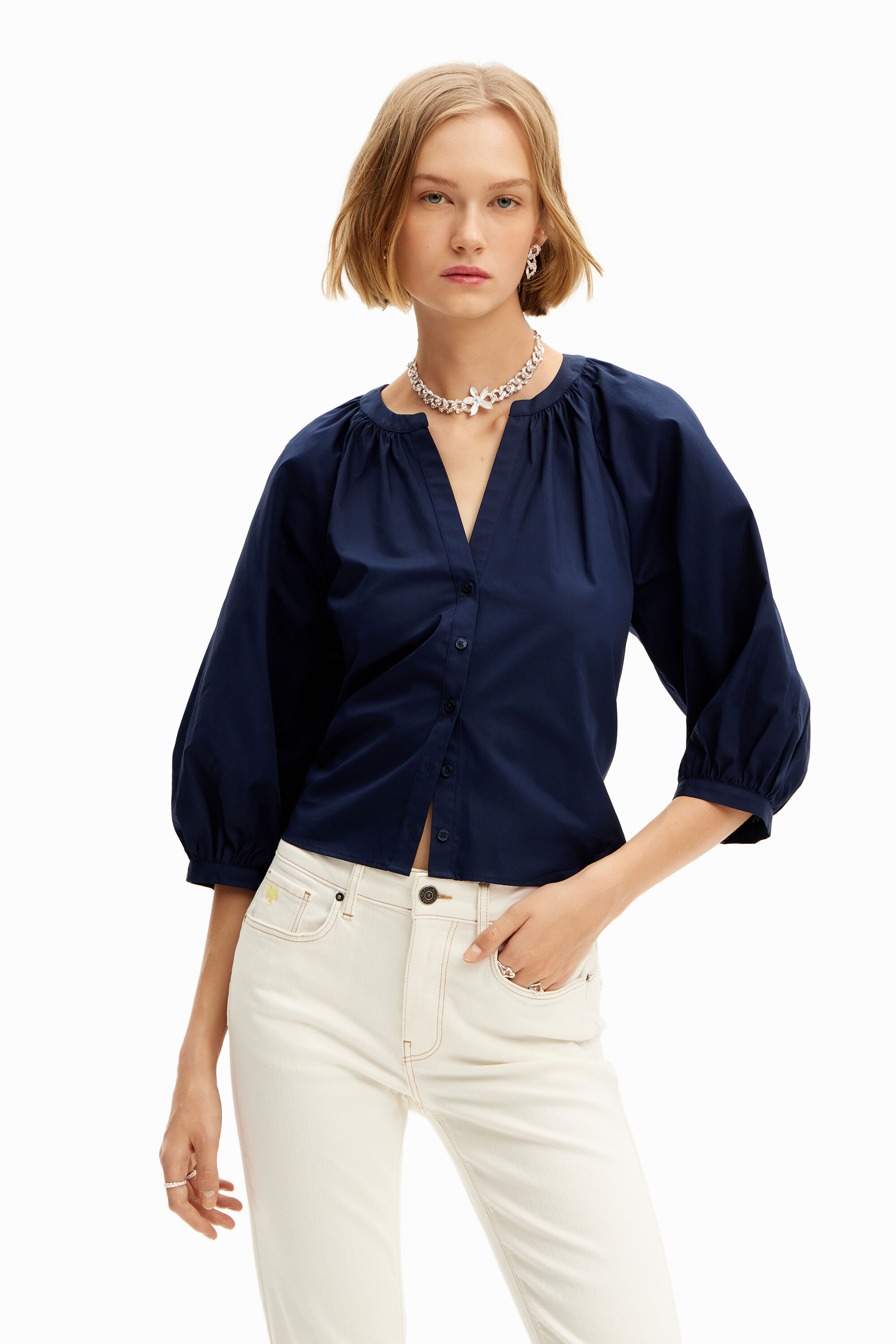 Desigual Poplin blouse V-hals - BLUE