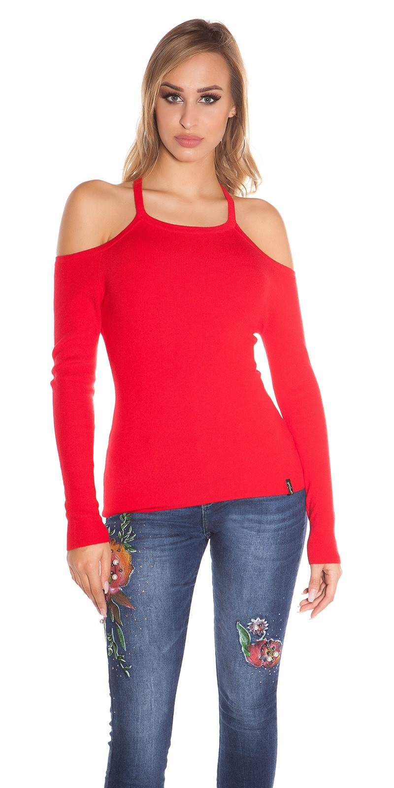 Cosmoda Collection fine knit coldshoulder sweater Red