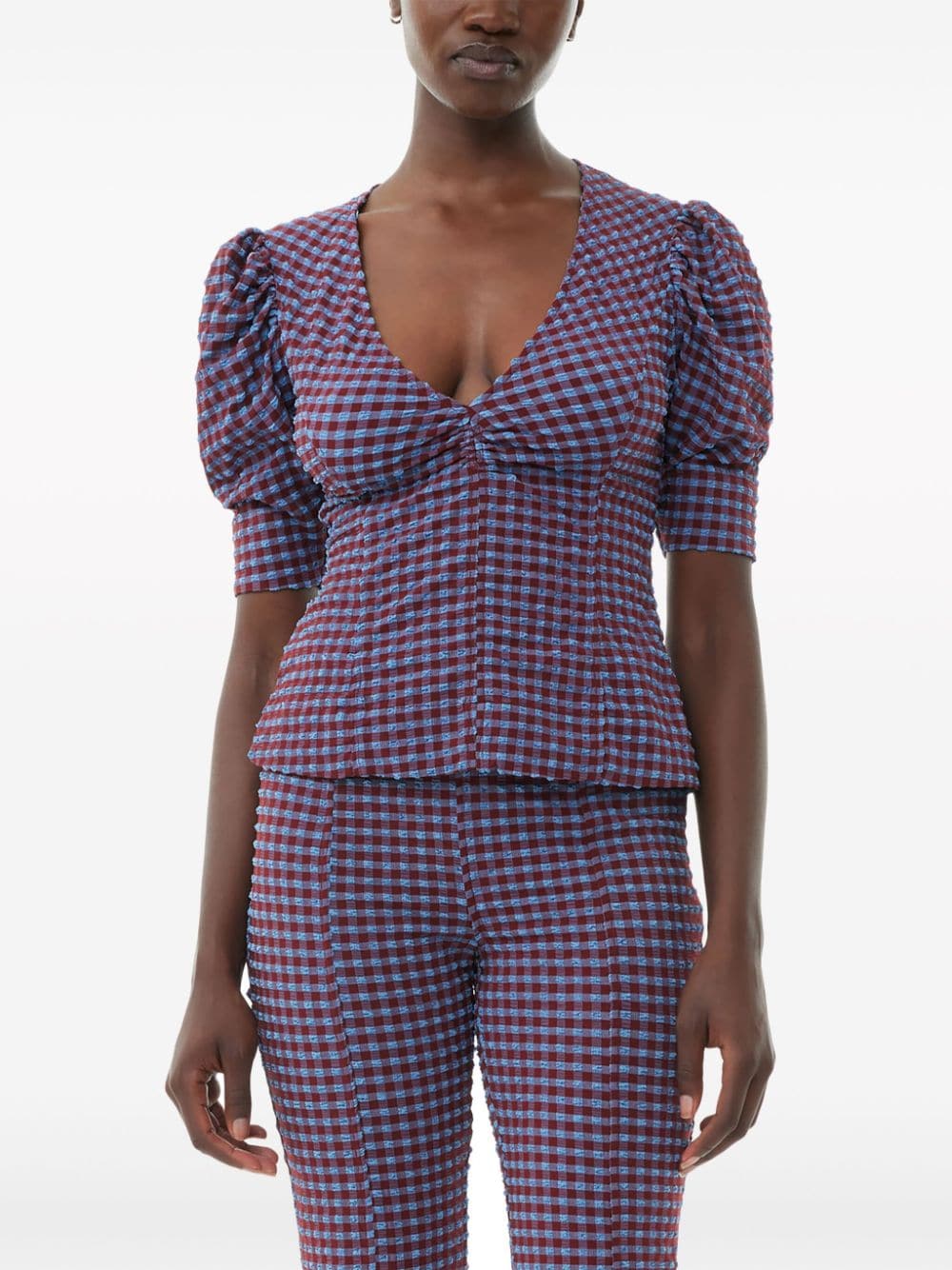 GANNI check-pattern seersucker blouse - Rood