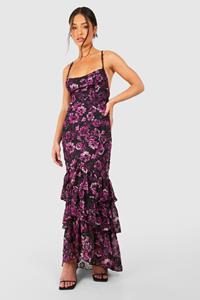Boohoo Petite Textured Floral Chiffon Ruffle Maxi Dress, Purple