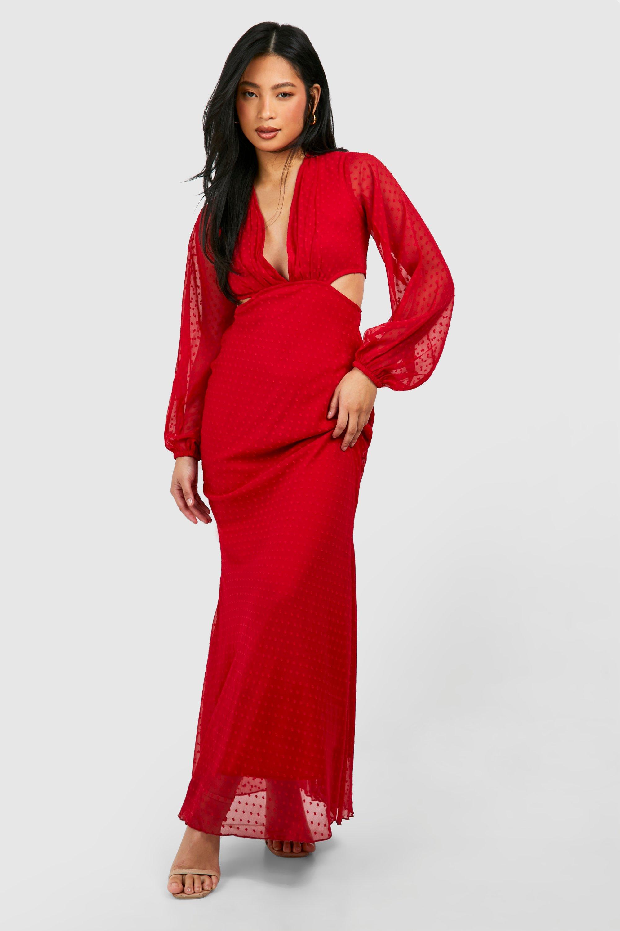 Boohoo Petite Dobby Cut Out Maxi Dress, Red