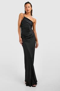 Boohoo Tall Bridesmaid Satin Strappy Asymmetric Maxi Dress, Black