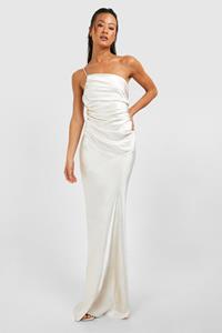 Boohoo Tall Bridesmaid Satin Strappy Asymmetric Maxi Dress, Cream