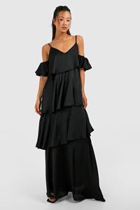 Boohoo Tall Satin Tiered Ruffle Maxi Dress, Black