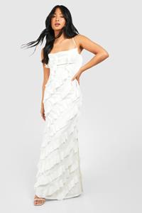 Boohoo Petite Strappy Ruffle Maxi Dress, Ivory