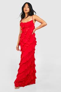 Boohoo Petite Strappy Ruffle Maxi Dress, Red