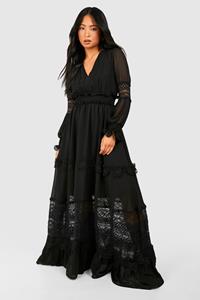 Boohoo Petite Boho Lace Detail Tierred Maxi Dress, Black